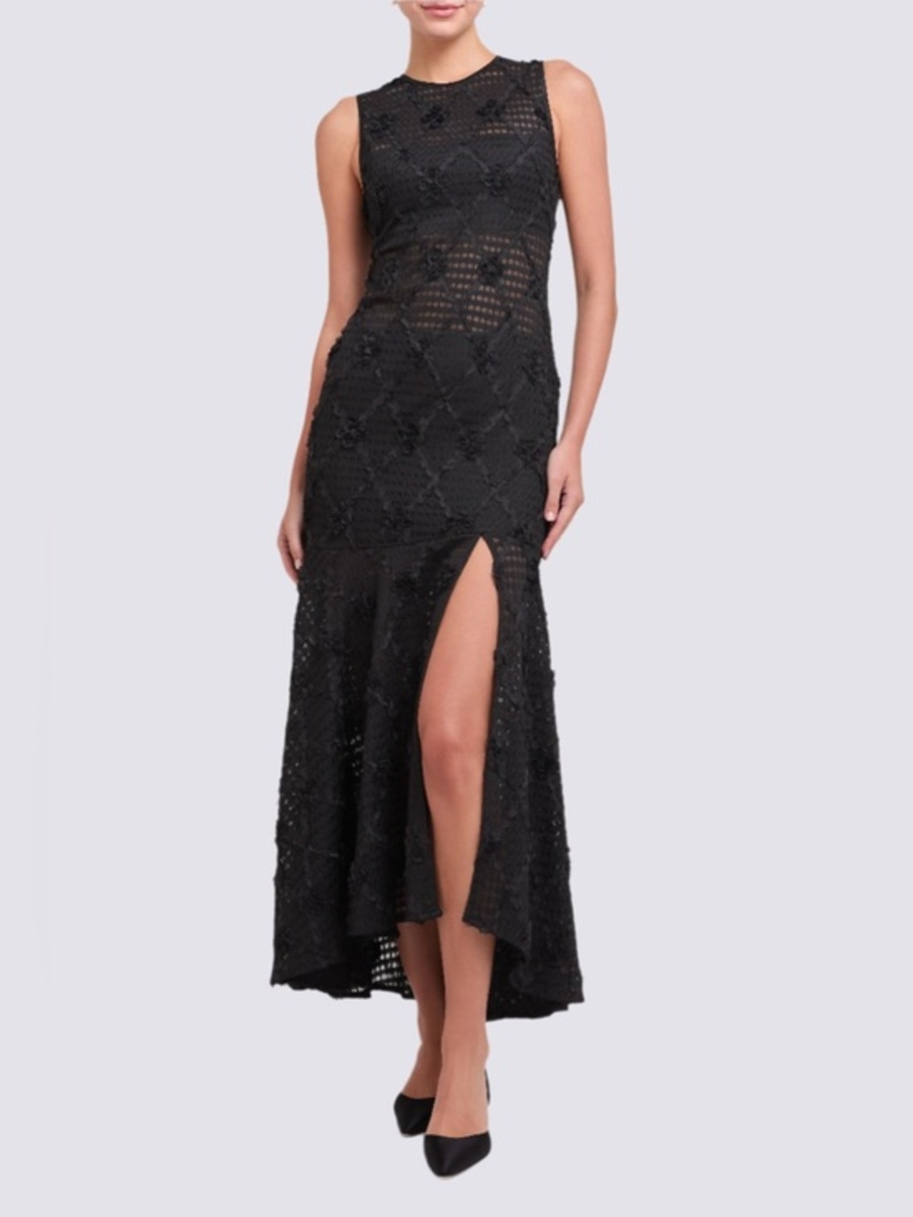 AMANDA UPRICHARD LAURITTA DRESS
 Black Lace and 3D Rosette Lattice Sz: M